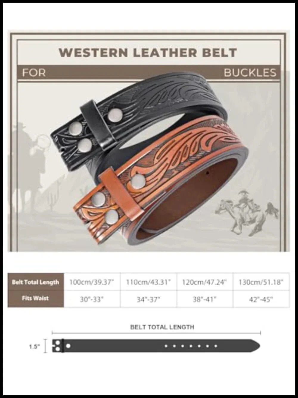 Handmade Western Leather Belt Straps 2 Pack, Embossed Cowboy Cowgirl Belt, No